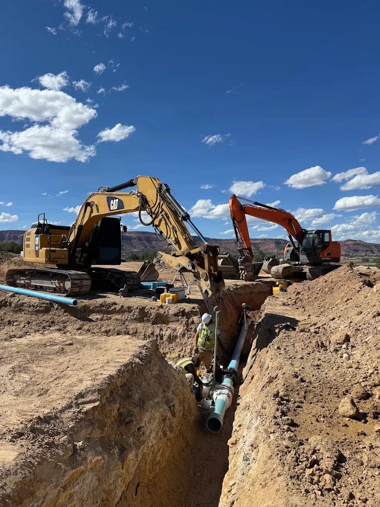 Utility pipe installation with excavators
